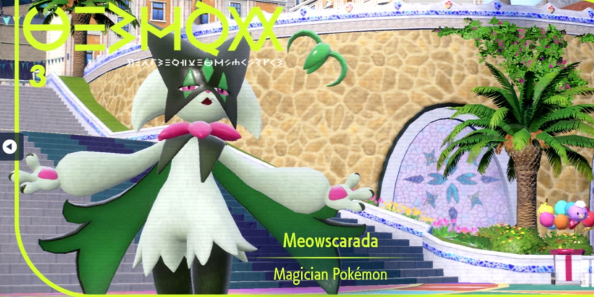 The pokedex cover for Meowscarada in Pokemon Scarlet and Violet